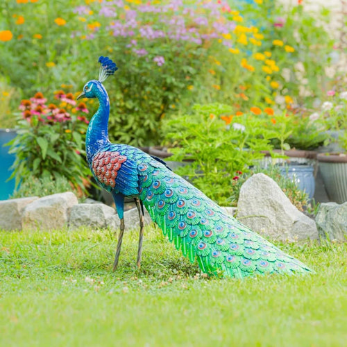 36" Colorful Metal Peacock Garden Statue