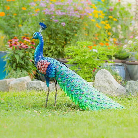 36" Colorful Metal Peacock Garden Statue